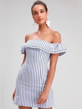 Lulus “Seeing You Smile” Light Blue Striped Off-the-Shoulder Shift Dress